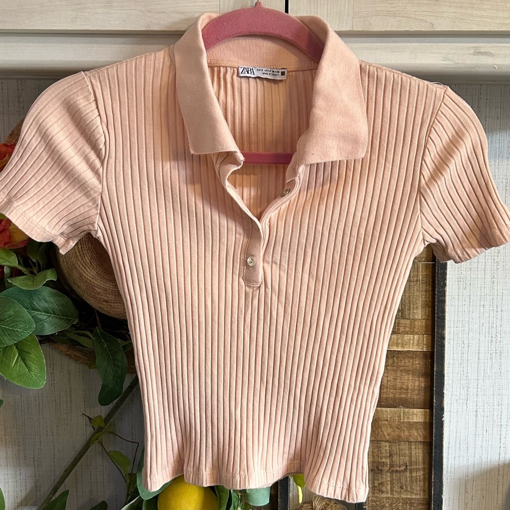 Zara Light Pink Collared Button Crop Small